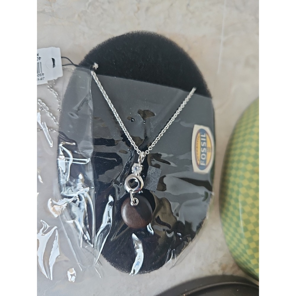 Fossil Brand 925 Chain Necklace With Rhinstone Pendant And Brown Bead
